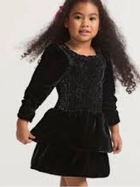 LoveShack Fancy Girls Black Velvet Long-Sleeve Tiered Dress